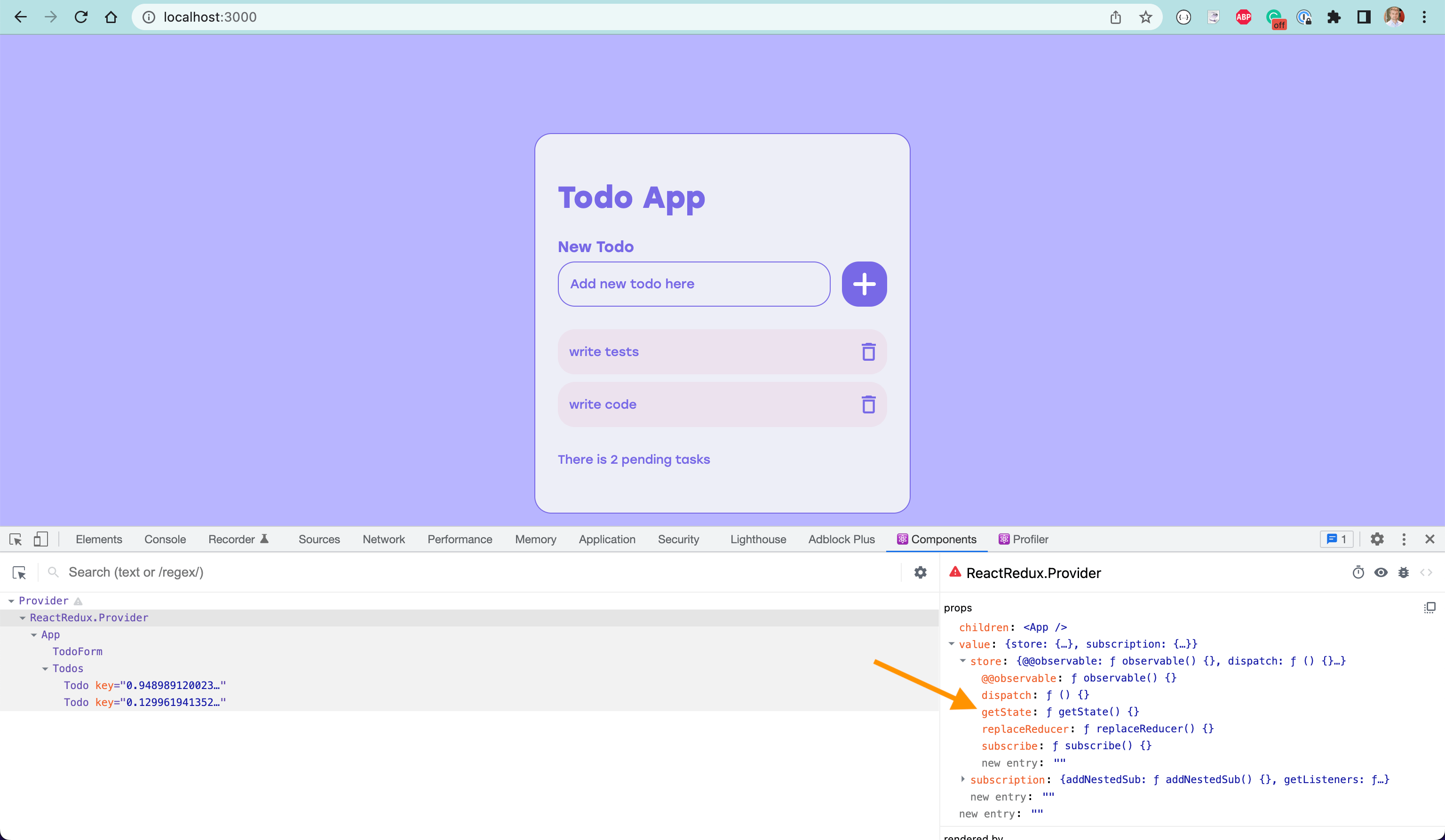 Redux store shown using the React DevTools browser extension