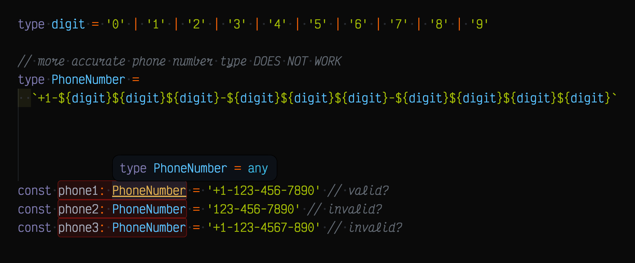 TypeScript cannot build a string literal type for PhoneNumber