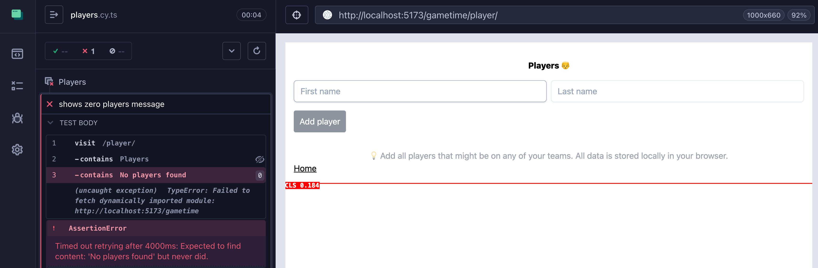 The generated test fails