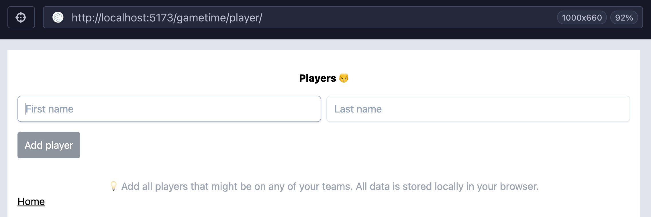 The players page showing the hint