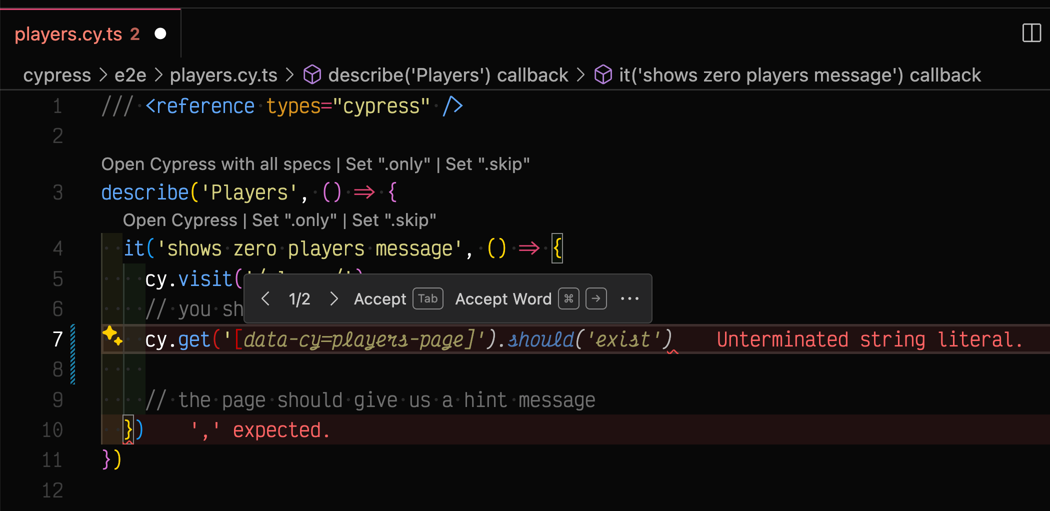Copilot picks data-cy test selectors