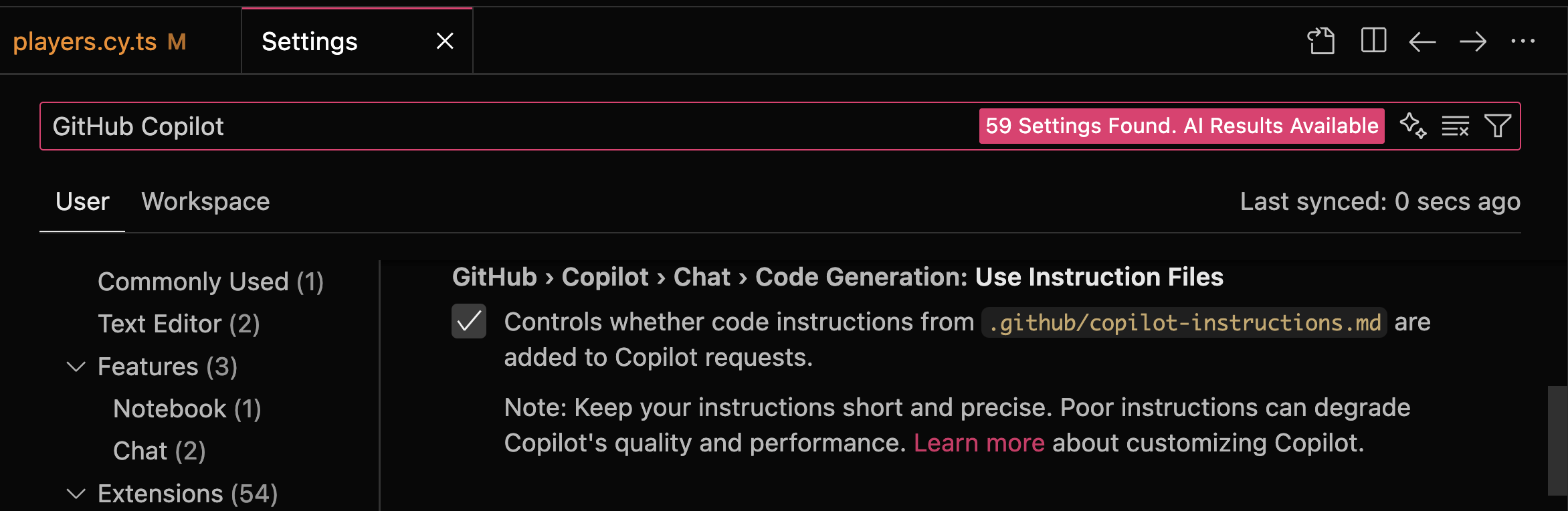 VSCode Copilot setting to enable the instructions file