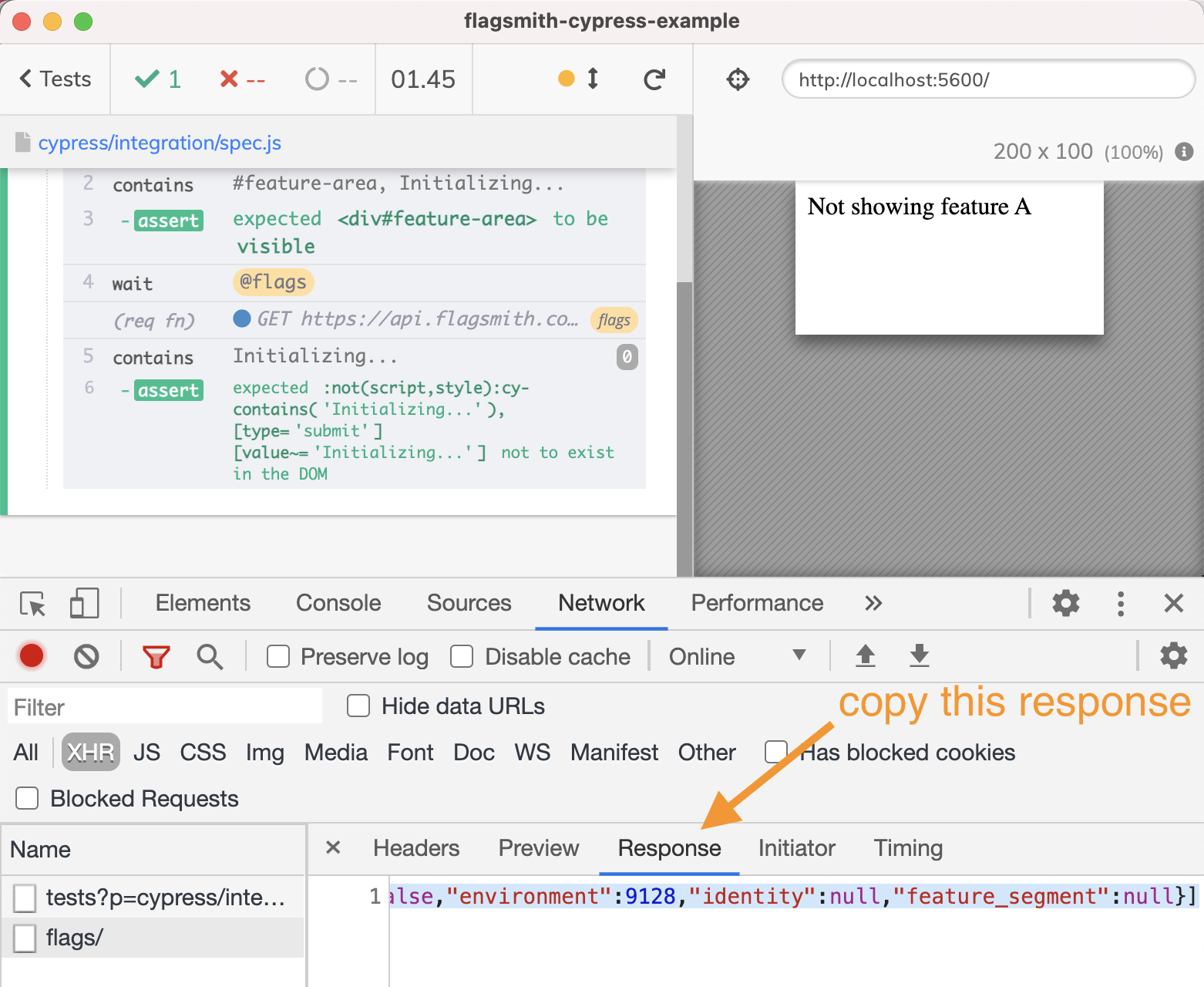 Copy the feature flags API call response body from the Network tab