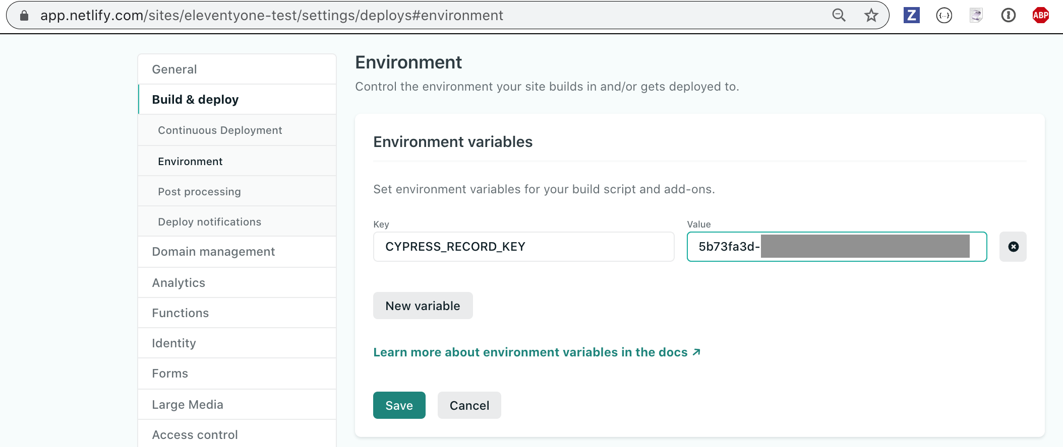 Adding the record key to the Netlify deployment settings