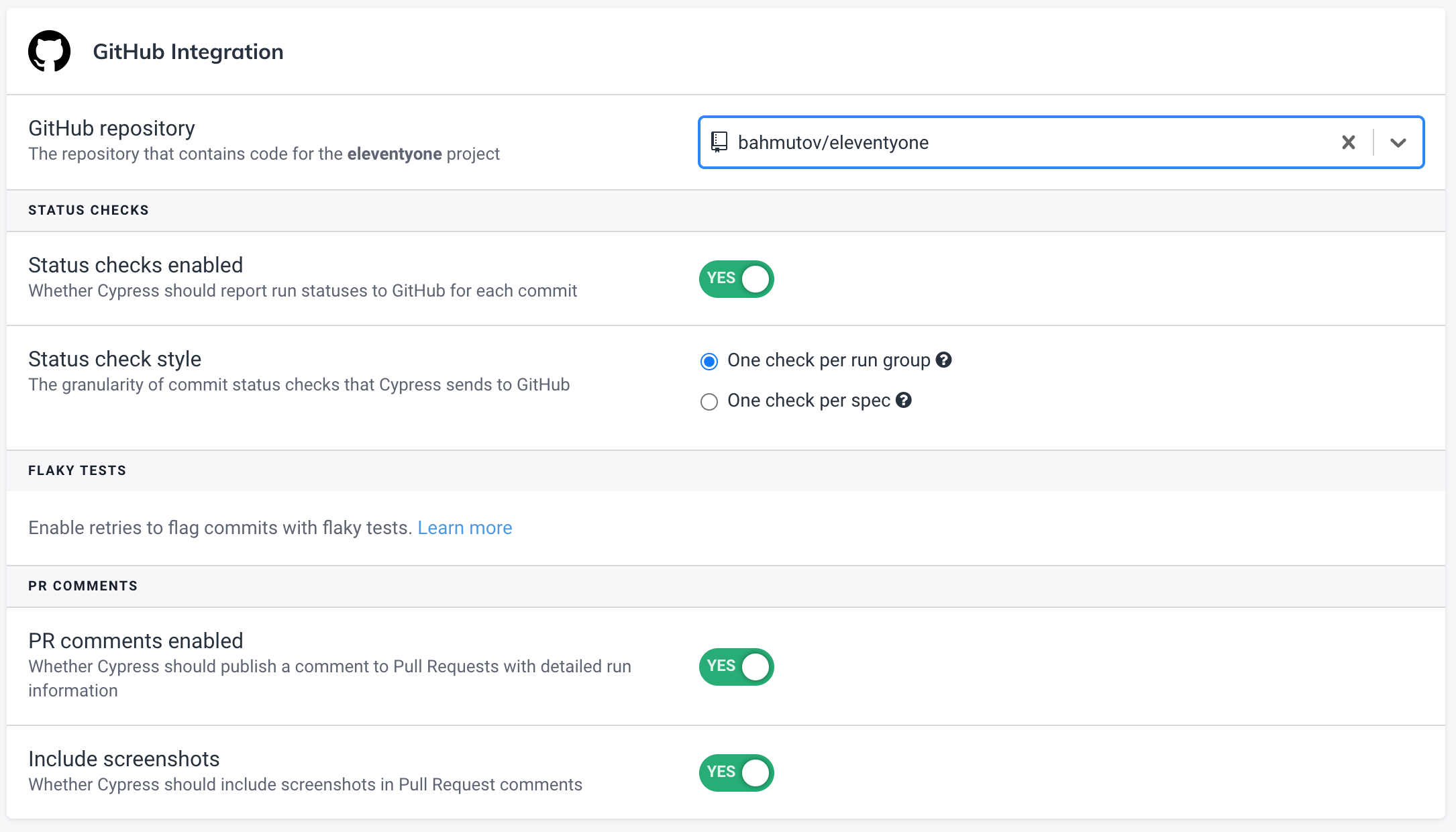 Cypress GitHub App settings