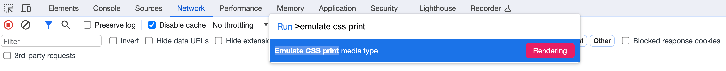 Emulate CSS print media DevTools command