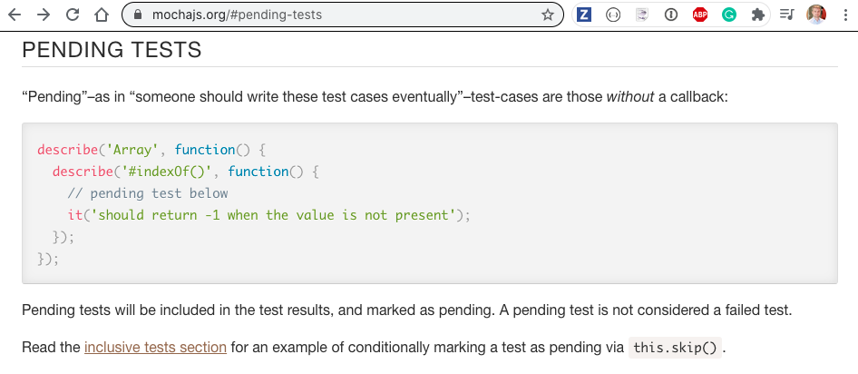 The definition of the pending test from Mocha