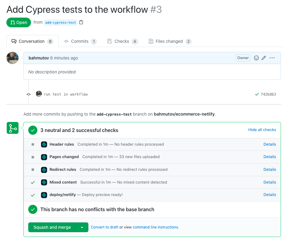 GitHub pull request shows only Netlify checks