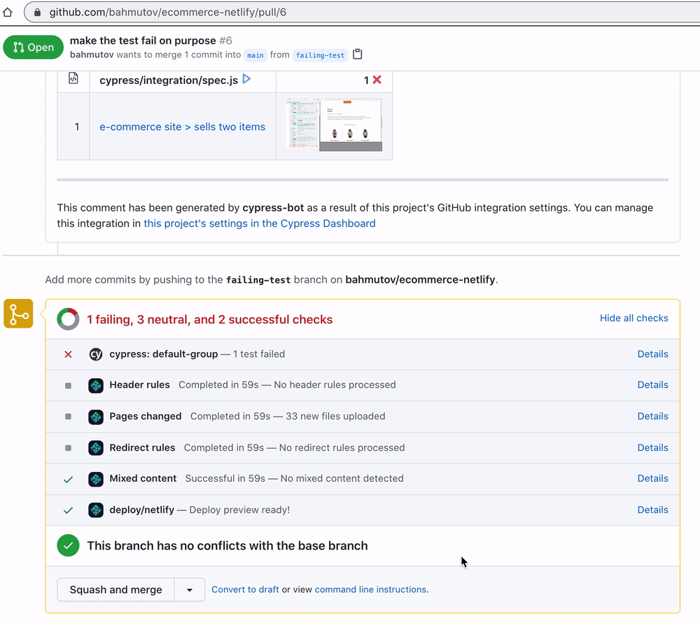 Cypress GitHub Integration adds the test information to the pull request