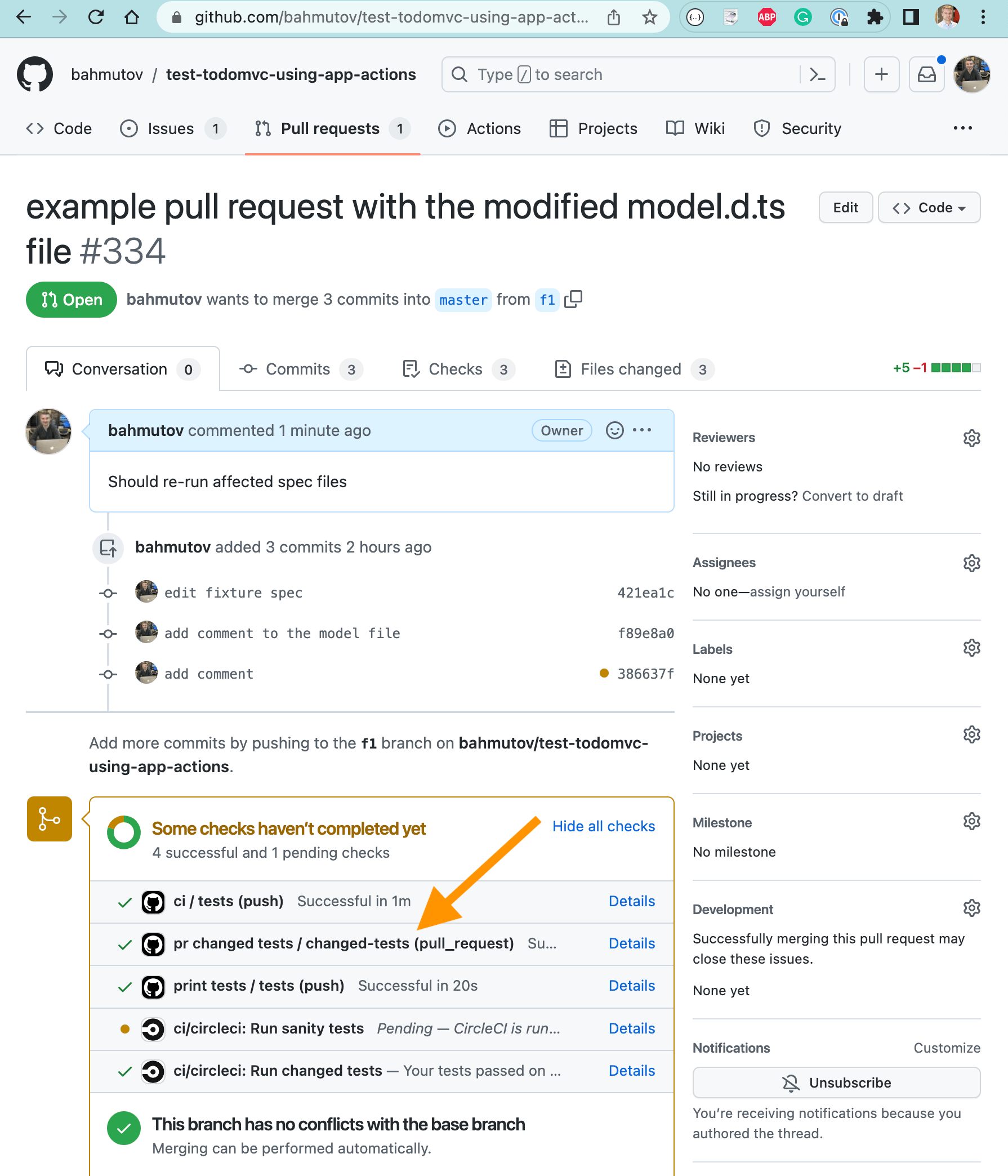 The pull request traced changed specs workflow