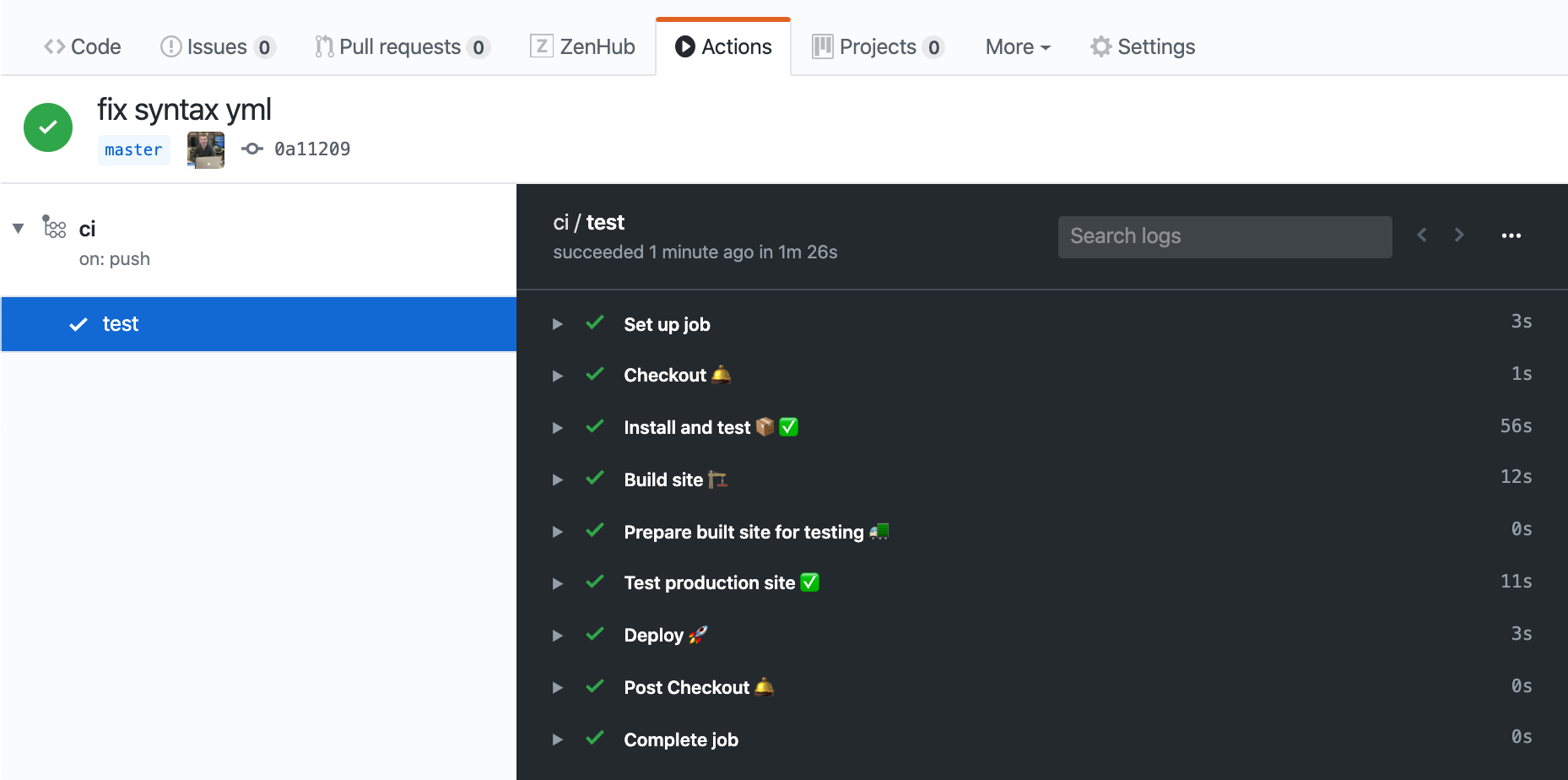 GitHub Actions tested the site in dev mode and as built production bundle