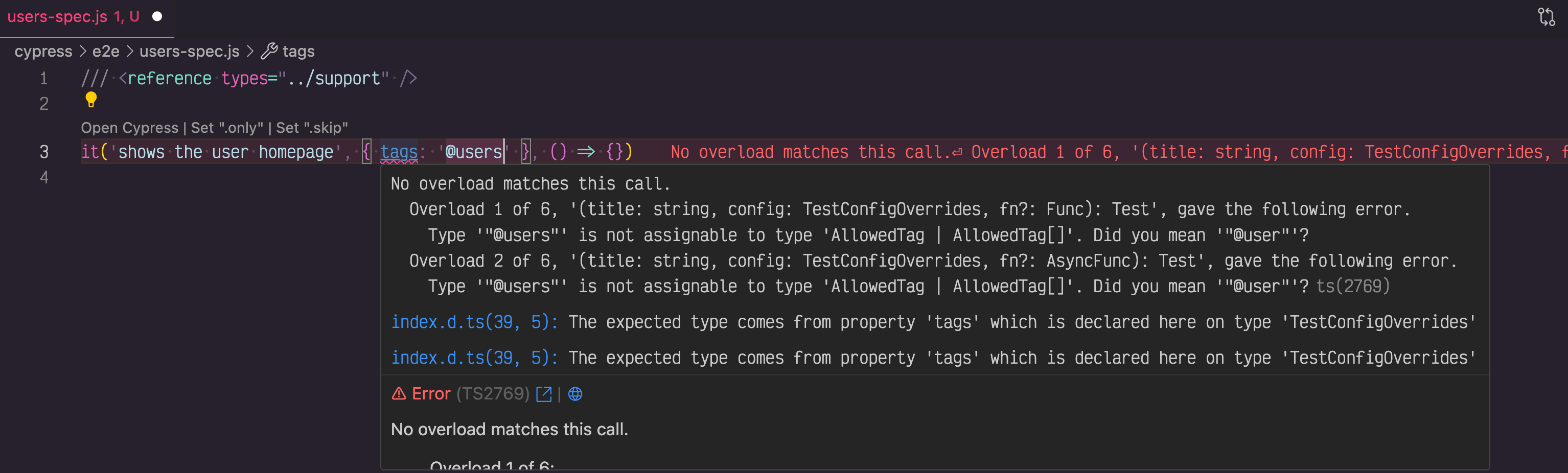The static type check disallows test tag "@users"