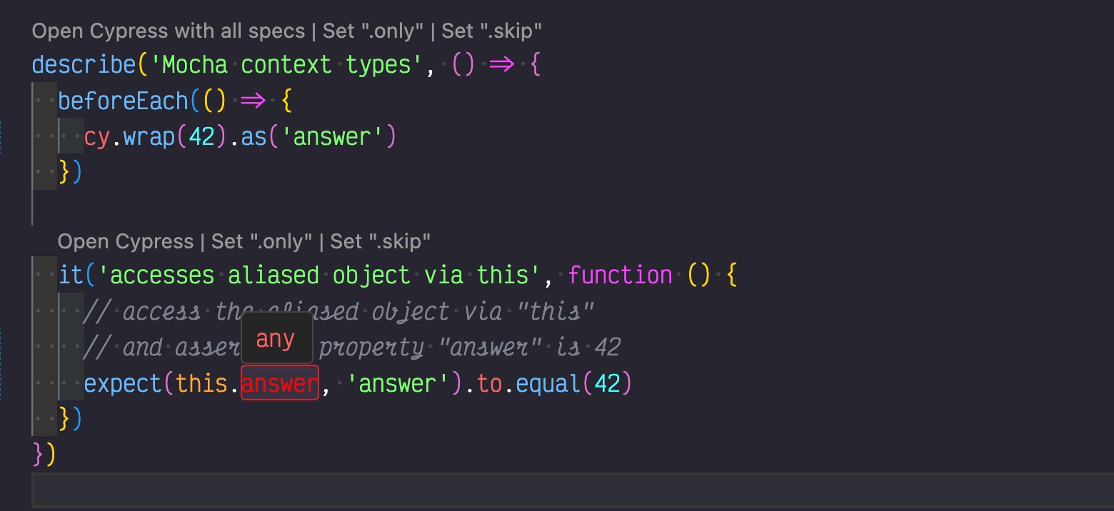 Unknown property "answer" on the test context object