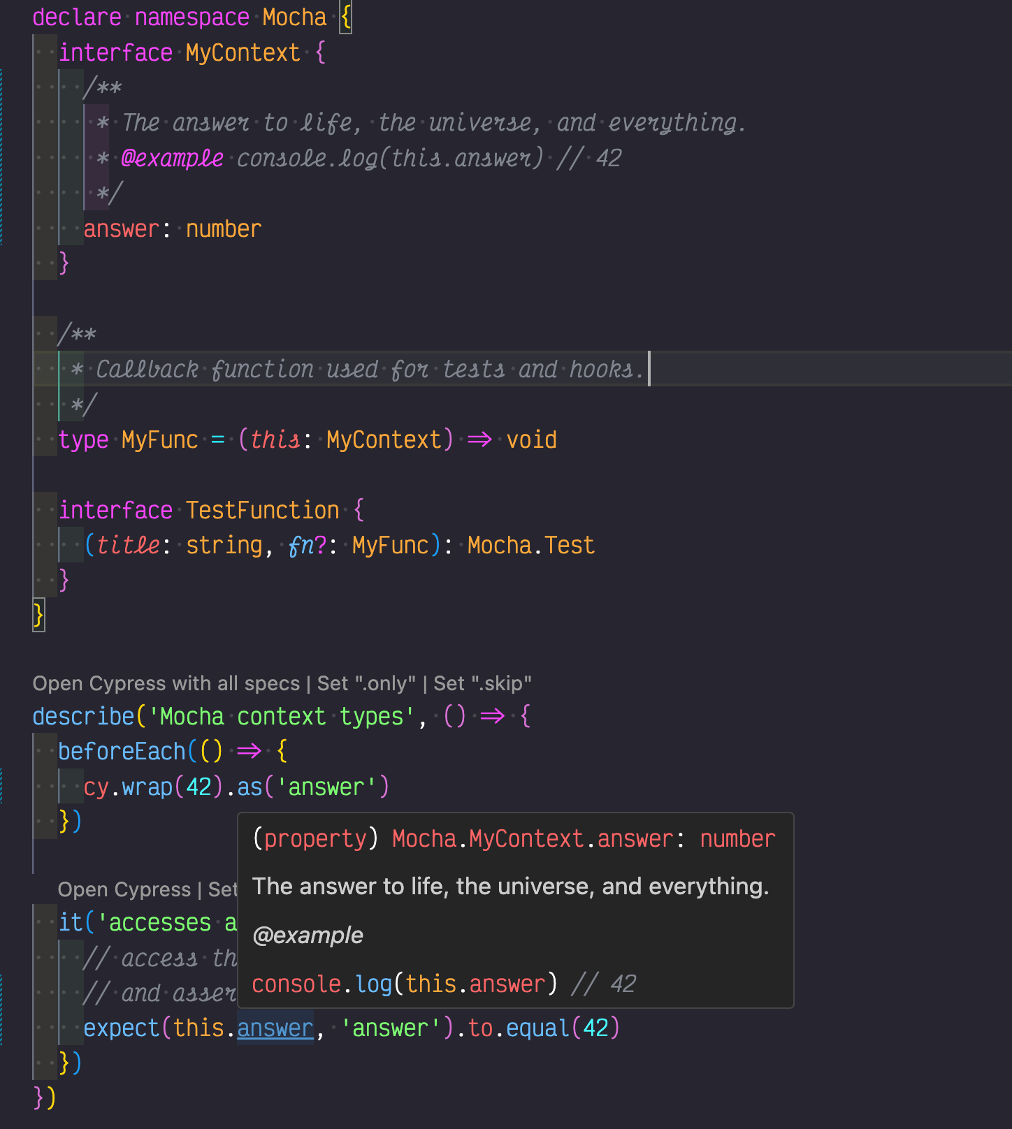Cypress test callback with typed custom alias property