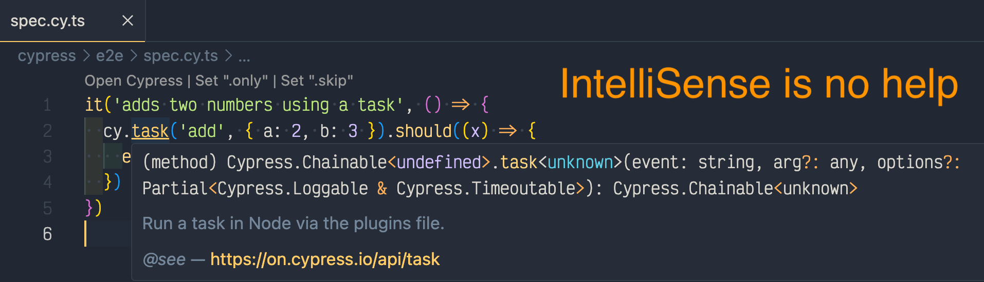 No IntelliSense for cy.task command