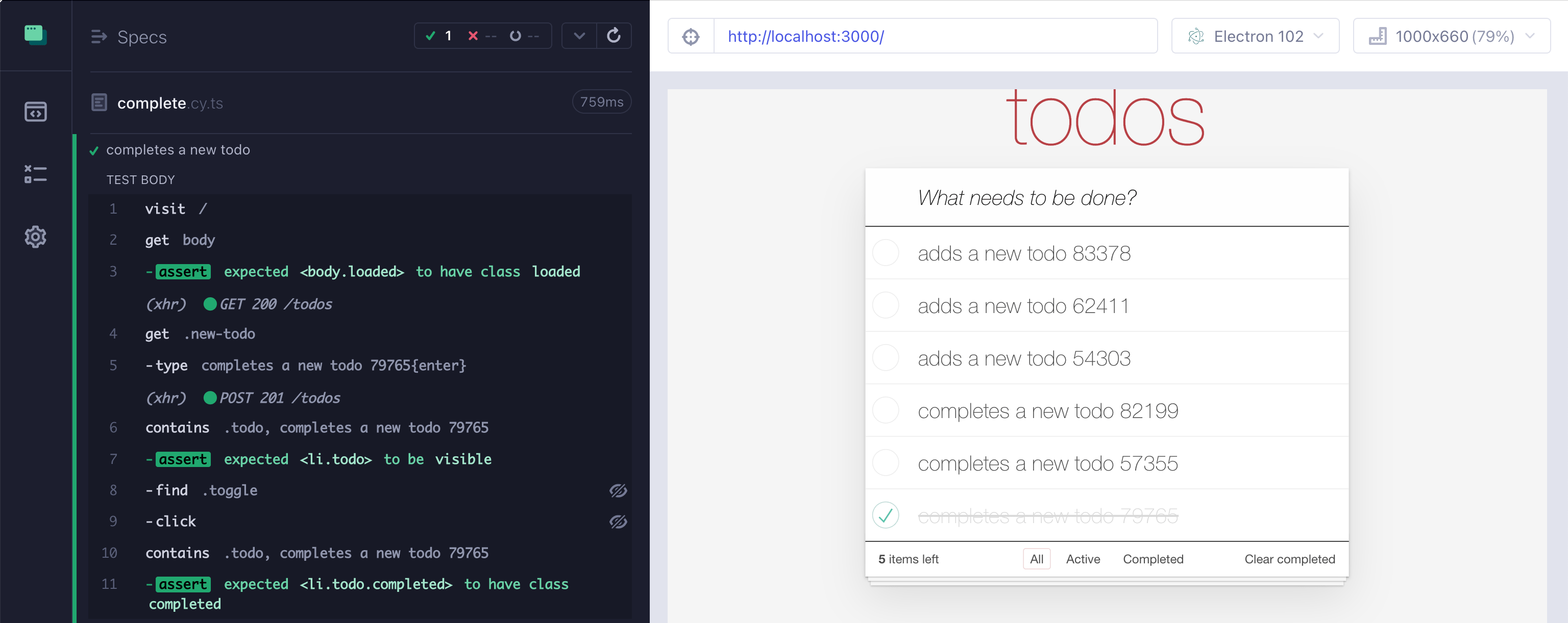 The test adds and completes a todo