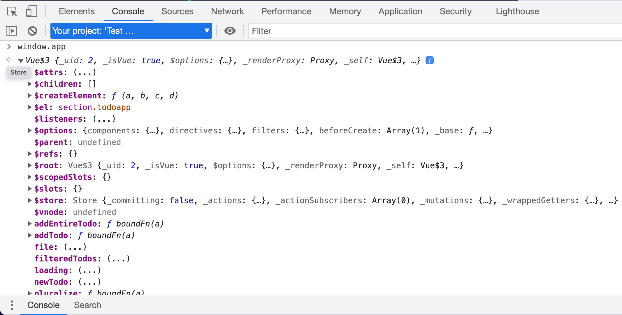 You can access the window.app object from the browser DevTools