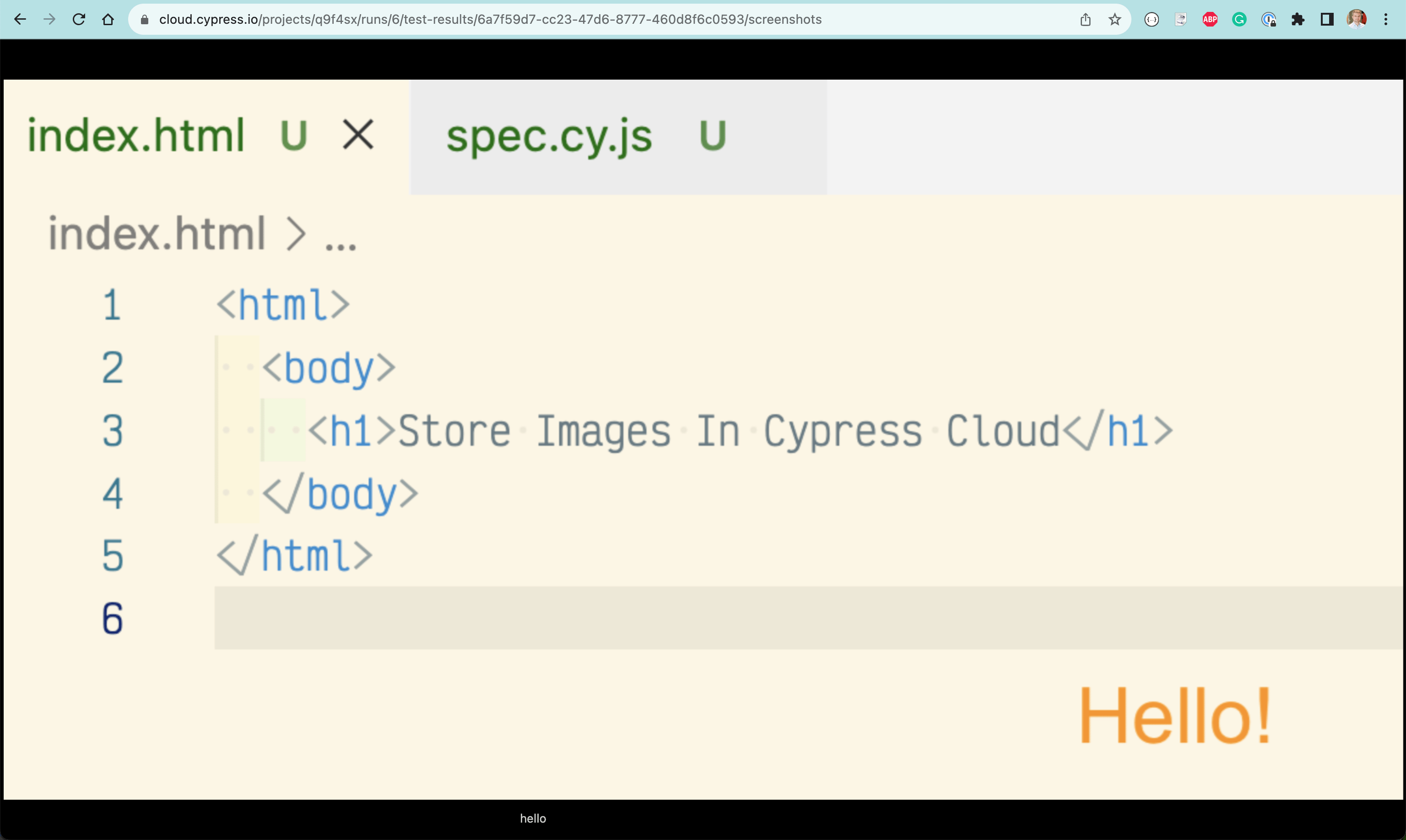 Our Hello image stored on the Cypress Cloud as a screenshot