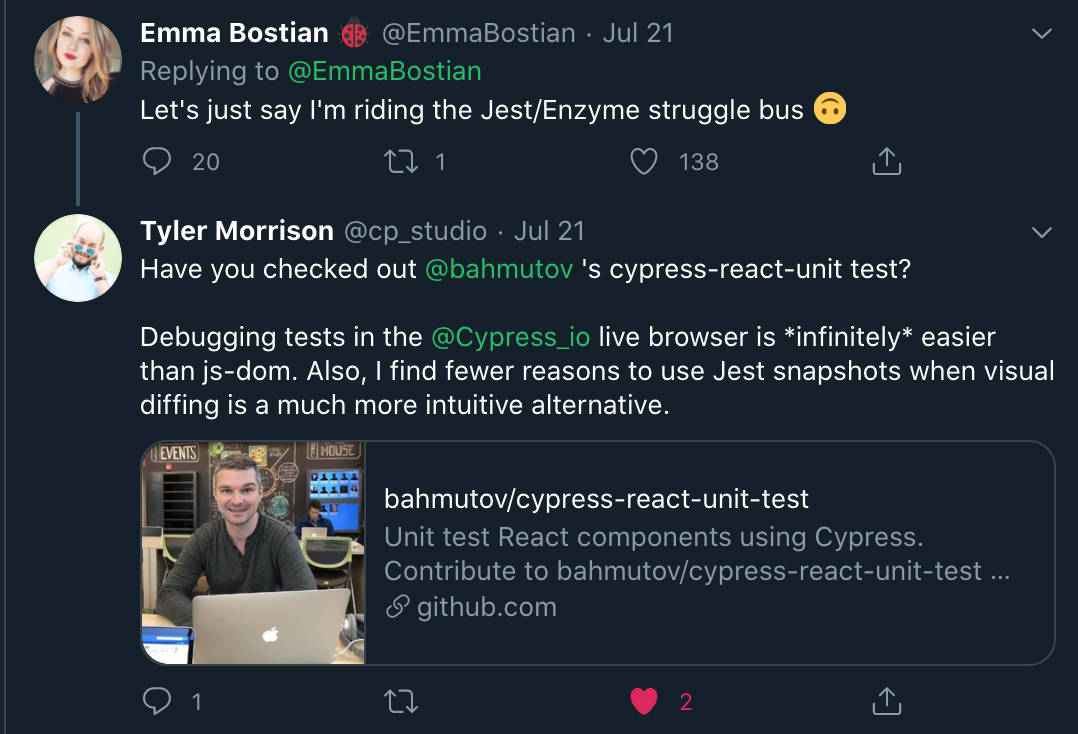 A person has compared Cypress component test to Jest test