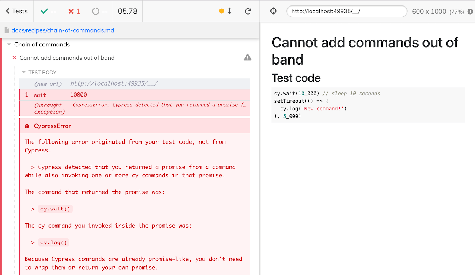 Cypress throws an error if you try to add more commands from outside