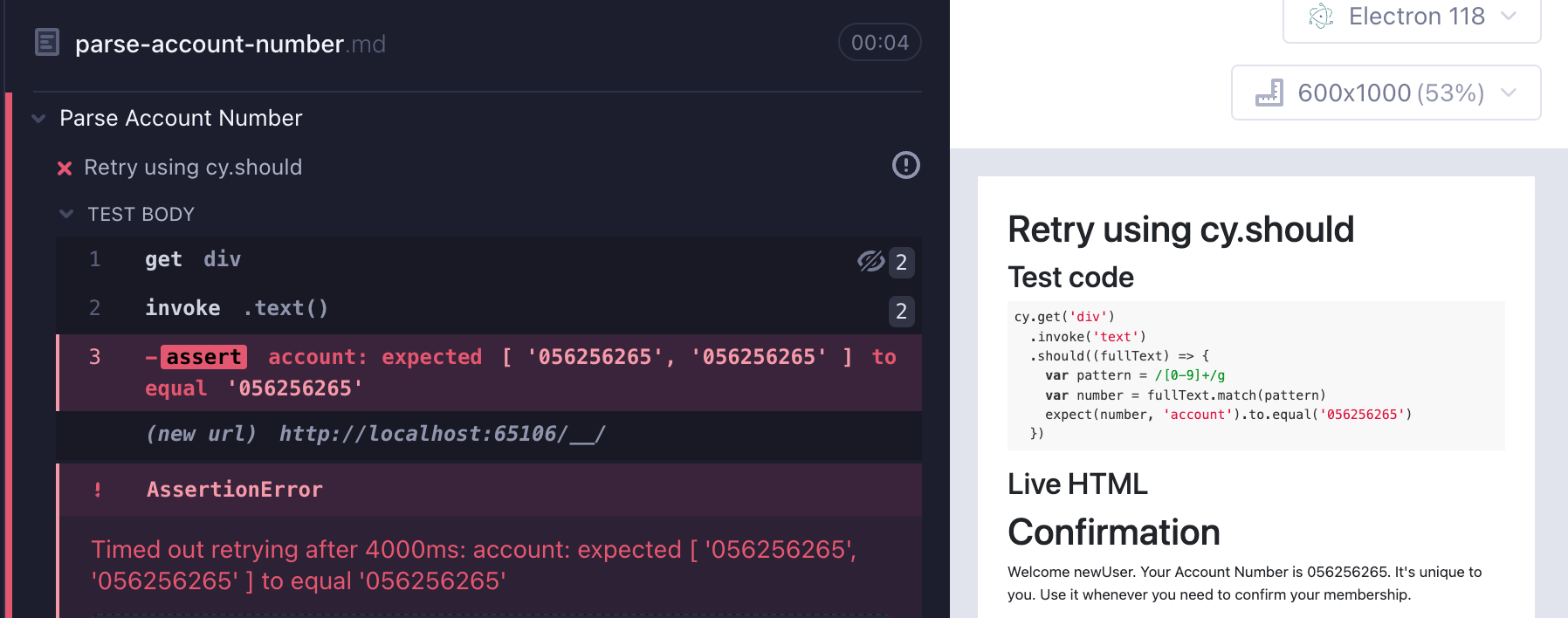 The test fails after finding two div elements